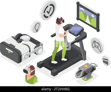 VR Sport Trainings isometrische farbige Komposition Mädchen, das auf einem Laufband läuft und Virtual-Reality-Brille Vektor-Illustration trägt Stock Vektor