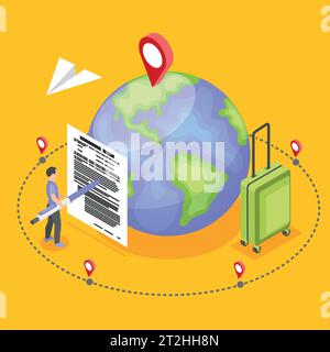 Isometrisches Konzept der Arbeitsmigration auf gelbem Hintergrund mit Mann, der im Ausland einen Job bekommt, Vertrag unterschreibt 3D-Vektor-Illustration Stock Vektor