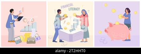 Männer und Frauen, die finanzielle Kompetenz fördern und Geld sparen, flache isolierte Vektor-Illustration Stock Vektor