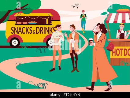 Food to Go City Hintergrund mit Kaffee Truck und Hotdog Street Shop in Park Flat Vektor Illustration Stock Vektor