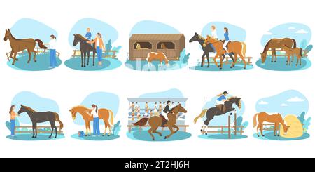 Leute, die reiten, Pferd kümmern sich um Pferde, die in der Race Flat laufen, Set isolierte Vektor-Illustration Stock Vektor