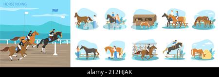 Flache Komposition Set von Menschen, die Reiten üben und sich um Haustiere kümmern isolierte Vektorillustration Stock Vektor