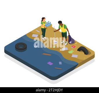 Ökologisches Bewußtseinsisometrisches Konzept mit Freiwilligen, die Flussvektorillustration aufräumen Stock Vektor