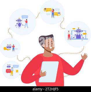 Mann, der Chatbot-Dienste verwendet, Fragen stellt und Antworten erhält flache Kompositionsvektorillustration Stock Vektor