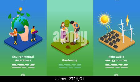 Infografiken zum ökologischen Bewußtsein mit Menschen, die Bäume Pflanzen und alternative Quellen der Energievektorillustration verwenden Stock Vektor