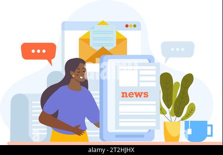 Frau, die die neuesten Nachrichten online auf der flachen Kompositionsvektor-Illustration im Internet liest Stock Vektor