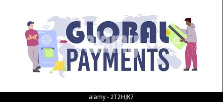 Global Payments Flat Header Text mit großen Buchstaben und kleinen menschlichen Zeichen, die Überweisungsvektorillustration senden und empfangen Stock Vektor