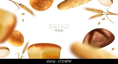 Bäckerei horizontaler Rahmen mit frischen Brotweizenohren und verschwommenen Elementen auf weißem Hintergrund realistische Vektorillustration Stock Vektor