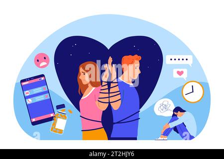 Love Suction Flat Design Konzept zur Darstellung psychologischer Abhängigkeit in Beziehungen von Mann und Frau Vektorillustration Stock Vektor