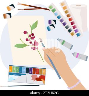 Weibliche Hand hält Pinselmalerei auf Papier flache Zusammensetzung mit Tuben von Farben und Paletten Vektor Illustration Stock Vektor
