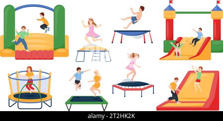 Kinder, die auf Trampolin-Flachsatz springen, isoliert auf weißem Hintergrund Vektor-Illustration Stock Vektor