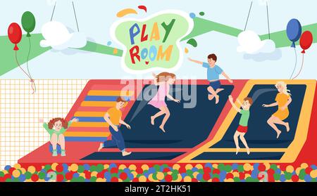 Glückliche Kinder, die auf Trampolin im Spielzimmer mit bunten Bällen und Ballons flachen Vektorillustration springen Stock Vektor