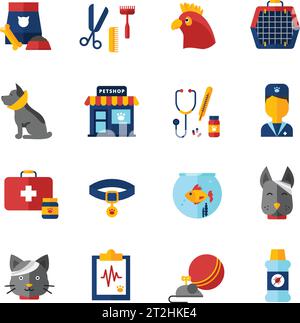 Tierarzt dekorative Symbole Set mit Heimtieren Tierhandlung medizinische Tasche Kragen und Tierfutter isoliert Vektor-Illustration Stock Vektor