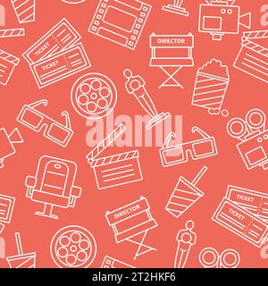 Weiße Linie Kino-Symbole auf rotem Hintergrund dekoratives Muster mit Tickets Popcorn flache Vektor-Illustration Stock Vektor