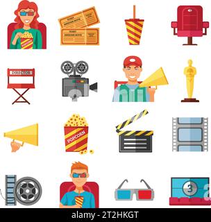 Flache Farbe Kino dekorative Icons Sammlung mit 3d-Brille Popcorn Filmtickets und Zuschauer isoliert Vektor-Illustration Stock Vektor