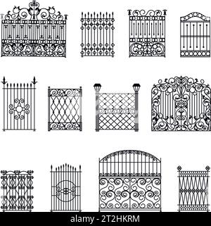 Dekorative schwarz weiße Zäune mit Toren flach isoliert Vektor-Illustration gesetzt Stock Vektor