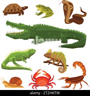 Reptilien und Amphibien dekoratives Set aus Kobra Krokodil Schildkröte Schnecke Skorpion Krabben Symbole in Cartoon-Stil isoliert Vektor-Illustration Stock Vektor