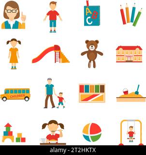 Icons Set von verschiedenen Kindergarten-Objekte und Zeichen wie Spielzeug oder Lehrer flach isoliert Vektor-Illustration Stock Vektor