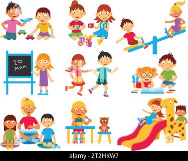 Kindergarten flache Symbole mit Kindern spielen mit Spielzeug und einander isoliert Vektor-Illustration gesetzt Stock Vektor