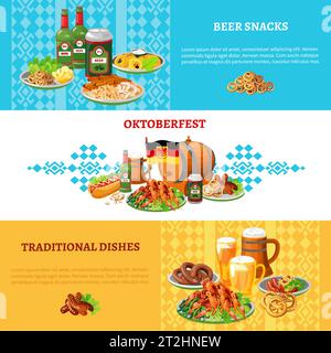 Deutsch traditionell weltgrößte Volksfest ortoberfest 3 flache Banner mit Bier und Snacks abstrakte Vektor-Illustration gesetzt Stock Vektor