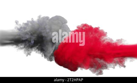Grauer und roter Rauch stoßen auf einen weißen Hintergrund. 3D Abbildung. Stockfoto