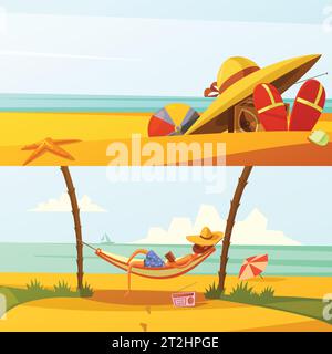 Sommer Urlaub horizontale Cartoon Banner mit Strand trägt und Ausrüstung isoliert Vektor Illustration gesetzt Stock Vektor
