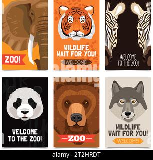 Mini Poster Set mit verschiedenen Wildtierköpfen auf jedem Poster und Zoowerbung flache Vektor-Illustration Stock Vektor