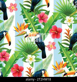 Tropische Regenwaldpflanzen mit Tukan-Paradiesvögel und Hibiskusblüten nahtlos dekoratives Design abstrakte Vektor-Illustration Stock Vektor