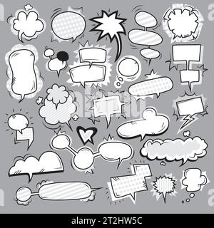 Pop Art schwarz weiß Blasen auf grauem Hintergrund flach isoliert Vektor-Illustration gesetzt Stock Vektor