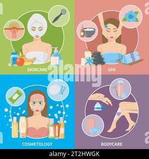 Haut- und Körperkosmetologie 2x2 Design-Konzept-Set mit Spa-Hautpflege und Körperpflege flache Symbole Vektor-Illustration Stock Vektor