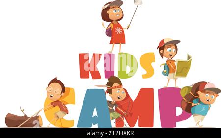 Camping Kids Konzept mit Bogenschießen und Kartensymbolen Cartoon Vektor Illustration Stock Vektor