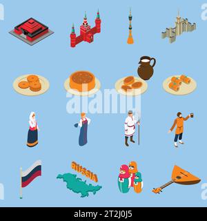 Russland isometrische touristische Ikonen Satz von berühmten Gebäuden traditionelle russische Küche nationalen Konstmen und Symbole isoliert Vektor-Illustration Stock Vektor