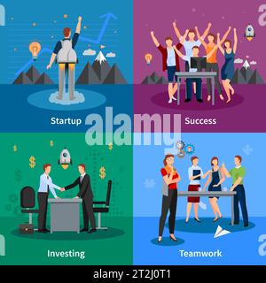 Erfolgreiches Startup-Konzept 4 flache Icons quadratisches Poster mit Projektinvestition und guter Teamarbeit isolierte Vektordarstellung Stock Vektor