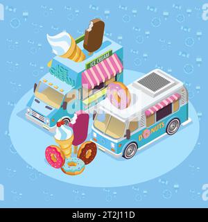 Street Food Trucks isometrische Komposition Poster mit Eis-Van und Donuts Bus blauen Hintergrund Vektor-Illustration Stock Vektor