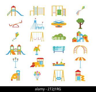 Kinder Spielplatz flache isolierte Elemente in Cartoon-Stil mit rutschigen Dip Leiter Wippe Fitness-Studio Wandstangen Vektor-Illustration Stock Vektor