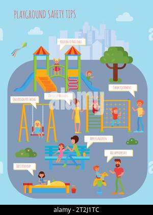 Spielplatz Infografiken mit flachen bunten Cartoon Kinder Spielplatz urbane Landschaft Menschen Charaktere und rechteckige Gedankenblasen Vektor illustrr Stock Vektor