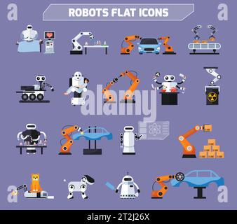 Roboter-Symbole mit Technologie-Symbole flach isoliert Vektor-Illustration gesetzt Stock Vektor