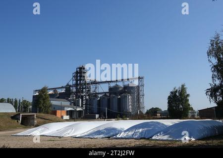 Kiew, Ukraine. September 2023. Große Weizensäcke liegen vor dem Hochsilo- und Trocknungswerk der deutschen Firma UIFK Agro im Dorf Korschy bei Kiew in der Ukraine. (Zu "im zweiten Kriegsjahr sitzen ukrainische Bauern auf der Ernte") Credit: Friedemann Kohler/dpa/Alamy Live News Stockfoto
