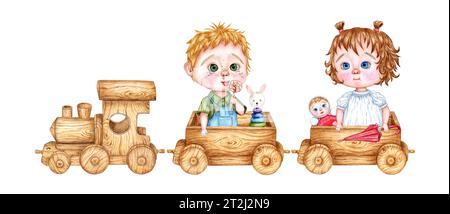Kinderspielzeug, Holzzug und zwei Wagen. Aquarelldarstellung von Kindern, die in einer Dampflokomotive auf isoliertem Hintergrund fahren. Zeichnung eines t Stockfoto