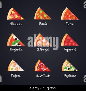 Erstellen Sie Pizza dekorative Symbole Set mit isolierten Scheiben von verschiedenen Pizza Auswahl und geeignete Bildunterschriften Vektor-Illustration Stock Vektor