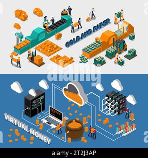 Branchenspezifische isometrische horizontale Banner mit Goldpapier und Vektorgrafik zur Herstellung virtueller Geldmittel Stock Vektor