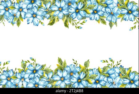 Aquarellillustrationsrahmen aus blauen Blumen mit Knospen. Farben Indigo, Kobalt, Himmelblau und klassisches Blau. Tolles Muster für Küche, Wohnkultur, STAT Stockfoto