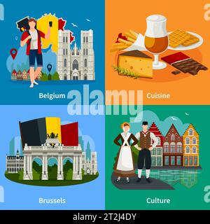 Reisekonzept in flachem Stil mit belgischen Wahrzeichen, einschließlich Kulinarik und brussel-vereinzelten Vektorgrafiken Stock Vektor