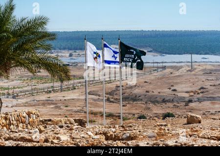 Qumram, Judäische Wüste, Israel – 13. August 2023: Flaggen im Qumran-Nationalpark, wo die Schriftrollen des Toten Meeres gefunden wurden. Stockfoto