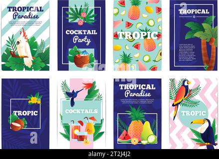Tropische Banner Karten mit Cocktail-Party Paradies Früchte Vektor-Illustration gesetzt Stock Vektor