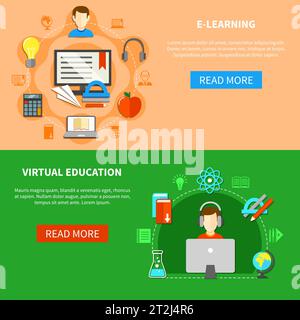 Zwei horizontale e-Learning-Bannerset mit Überschrift und Schaltflächen für virtuelle Bildung mehr Vektordarstellung Stock Vektor