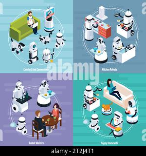 Küche und Hausfrau Hause Roboter 2x2 isometrisches Design Konzept der Reinigung Waschen Kochen Kellner Funktionen Vektor Illustration Stock Vektor