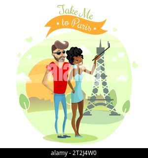 Romantische Reise mit paar Sehenswürdigkeiten und Fotos in Paris Cartoon-Vektor-Illustration Stock Vektor