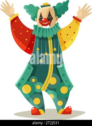 Reisen Zirkus traditionelle Clown Figur in lustigen Kostüm und Make-up Gruß öffentlichen bunten Symbol Vektor Illustration Stock Vektor