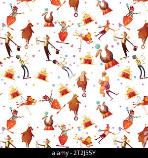 Circus nahtlose lustige Retro-Cartoon-Souvenir präsentiert Wrap Papier Muster mit Siegel-Ionen-Zauberer und Clown-Vektor-Illustration Stock Vektor